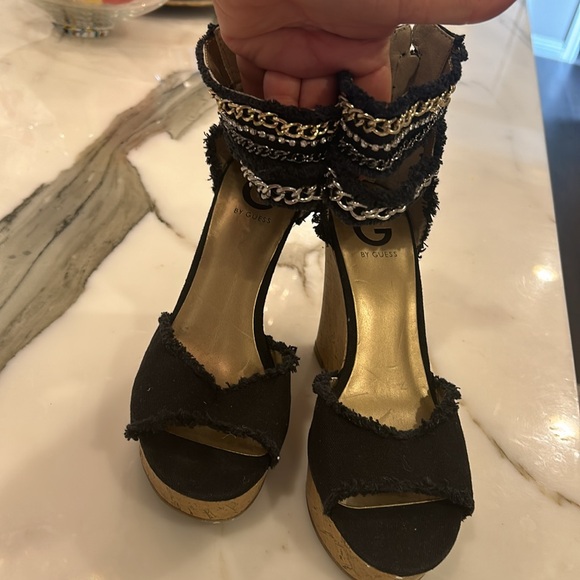 Cork Wedge Black Sandals with Cool Chains Ankle Straps-sz 8.5 - Picture 2 of 14